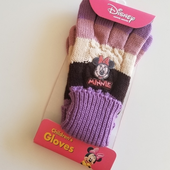 NEW with Tag Disney Minnie Mouse Winter Knit Striped Color Block Purple Gloves - Picture 1 of 2